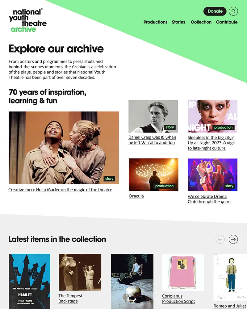National Youth Theatre Archive website homepage.